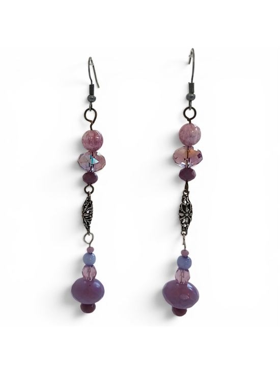 Hand Crafted Jewelry - Slender Purple crystal Beaded Dangle Earrings long silver colorful coquette vibe
